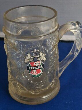 Becks Beer Heavy Thick Glass Mug Stein Ornate Grape Design Germany